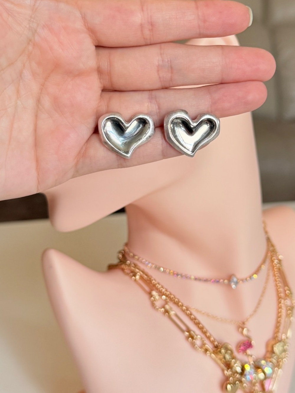 Silver Heart Stud Earrings - Picture 12 of 14
